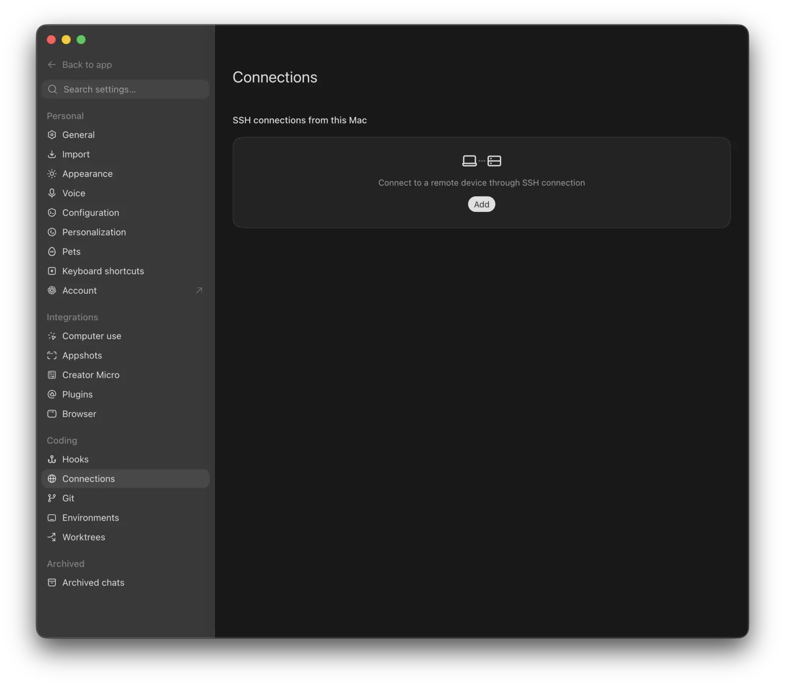 The Connections page in the ChatGPT desktop app settings, with an Add button under "SSH connections from this Mac"