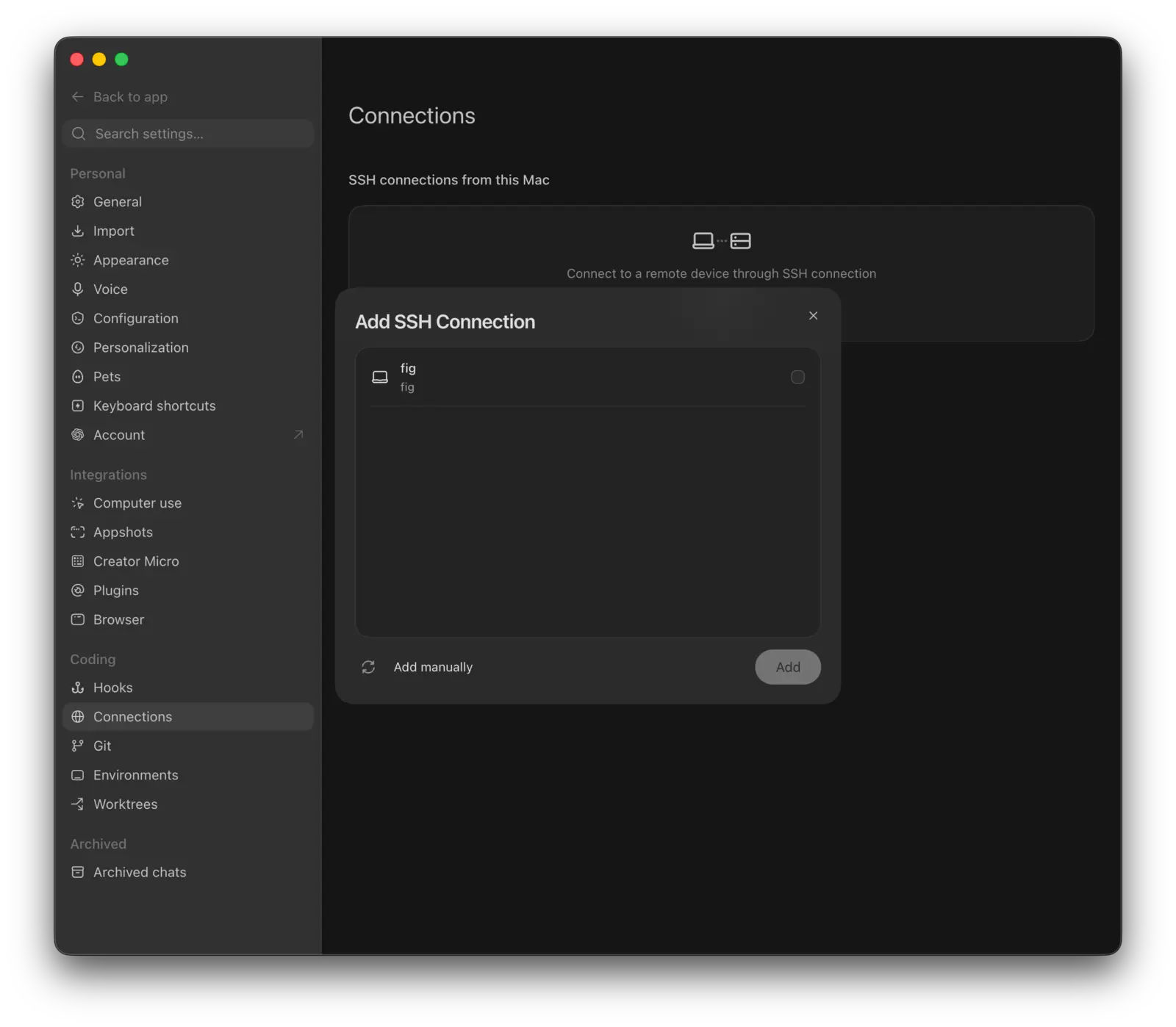 The Add SSH Connection dialog listing the box by its hostname, with a checkbox and an Add button