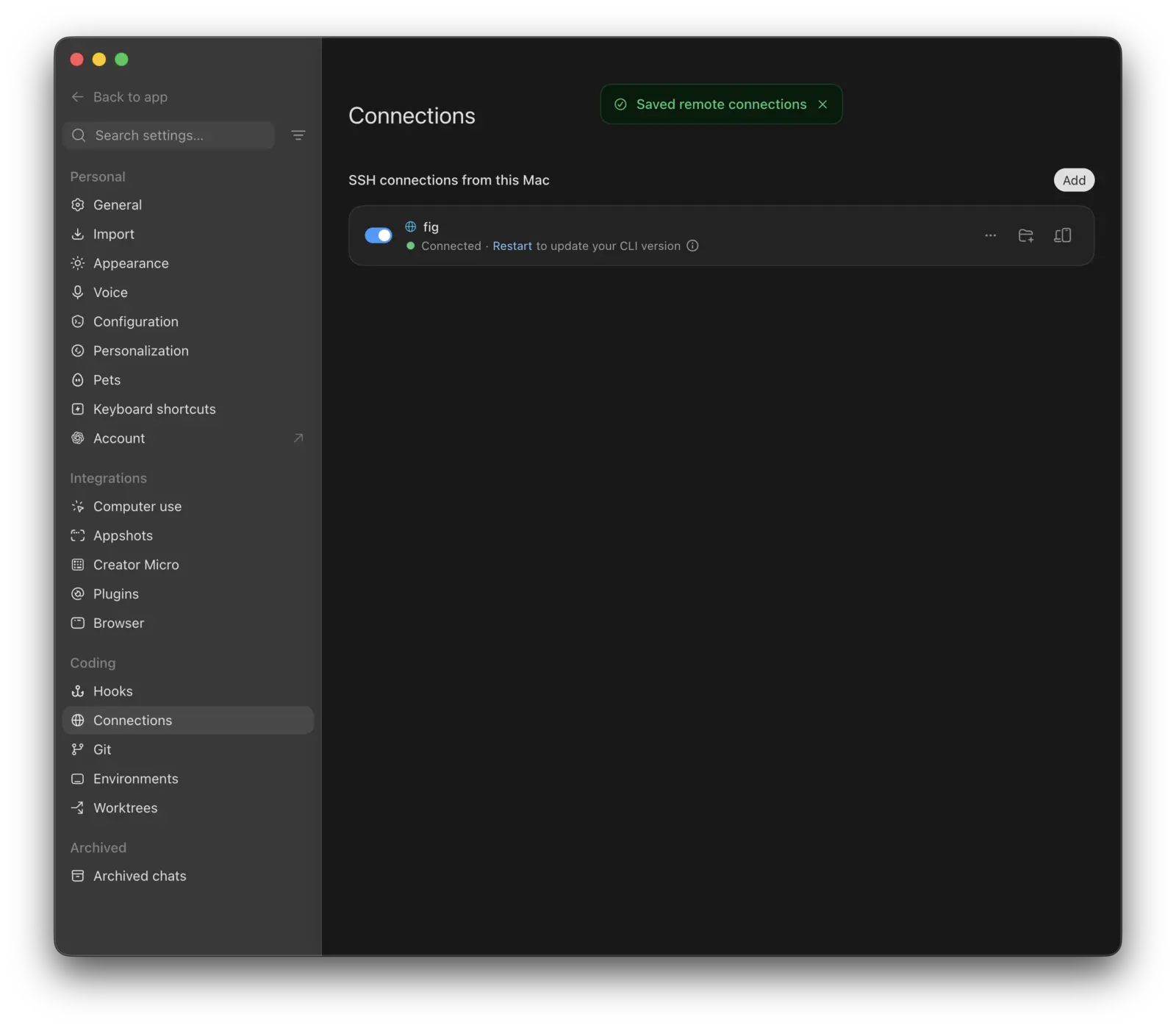 The saved connection with a green Connected status next to the box's hostname