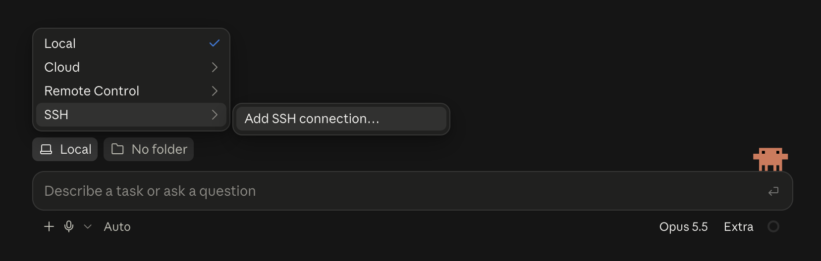 The environment menu above the prompt box, open on SSH, with Add SSH connection in its submenu