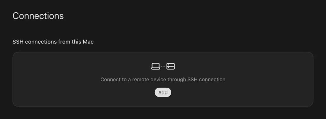 The Connections page in the ChatGPT app's settings, with an Add button under SSH connections from this Mac