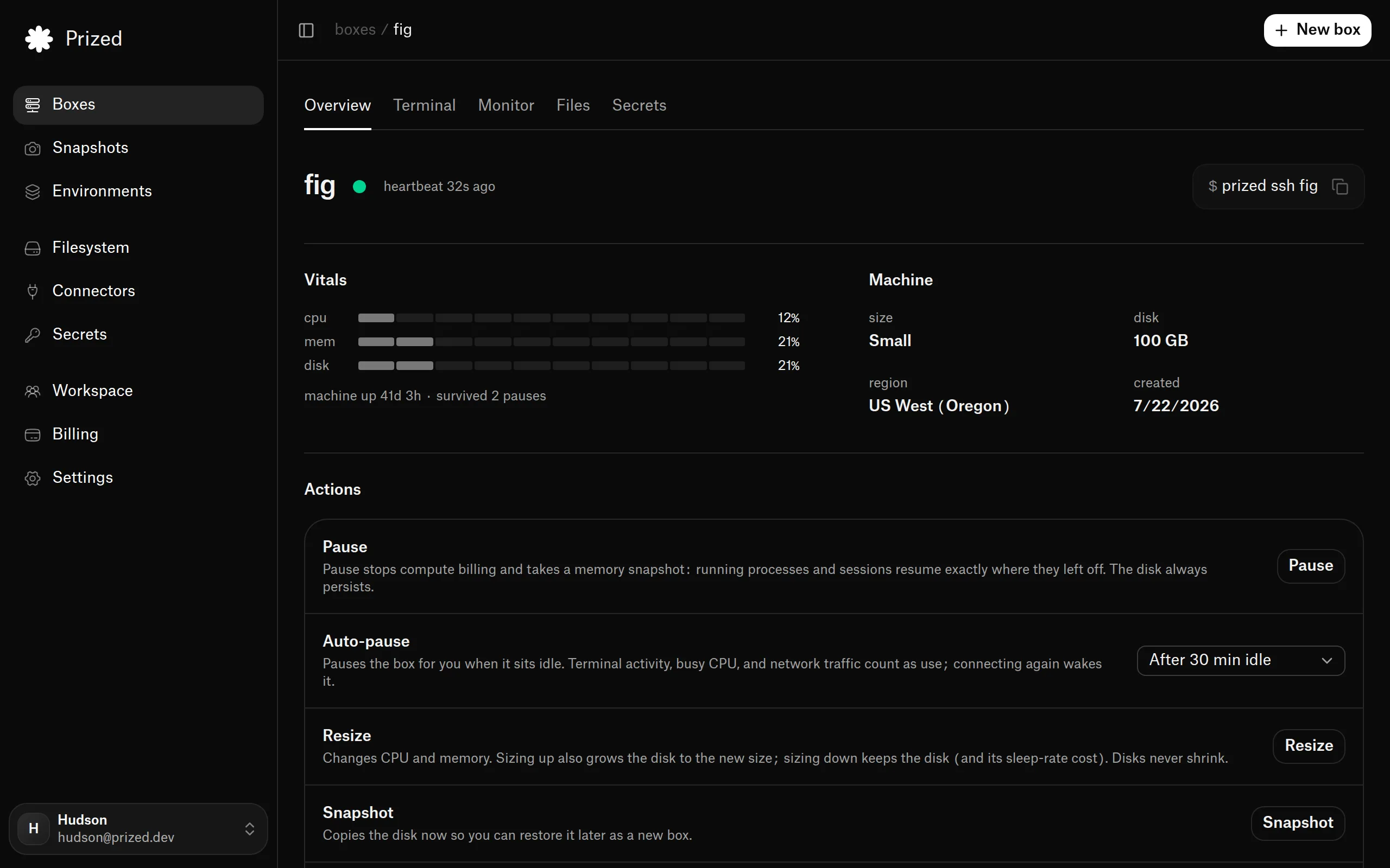 The Prized dashboard's page for a box named fig: a green heartbeat, the prized ssh fig command, cpu, memory and disk vitals, the machine's size, disk, region and creation date, and the Pause, Auto-pause, Resize and Snapshot actions